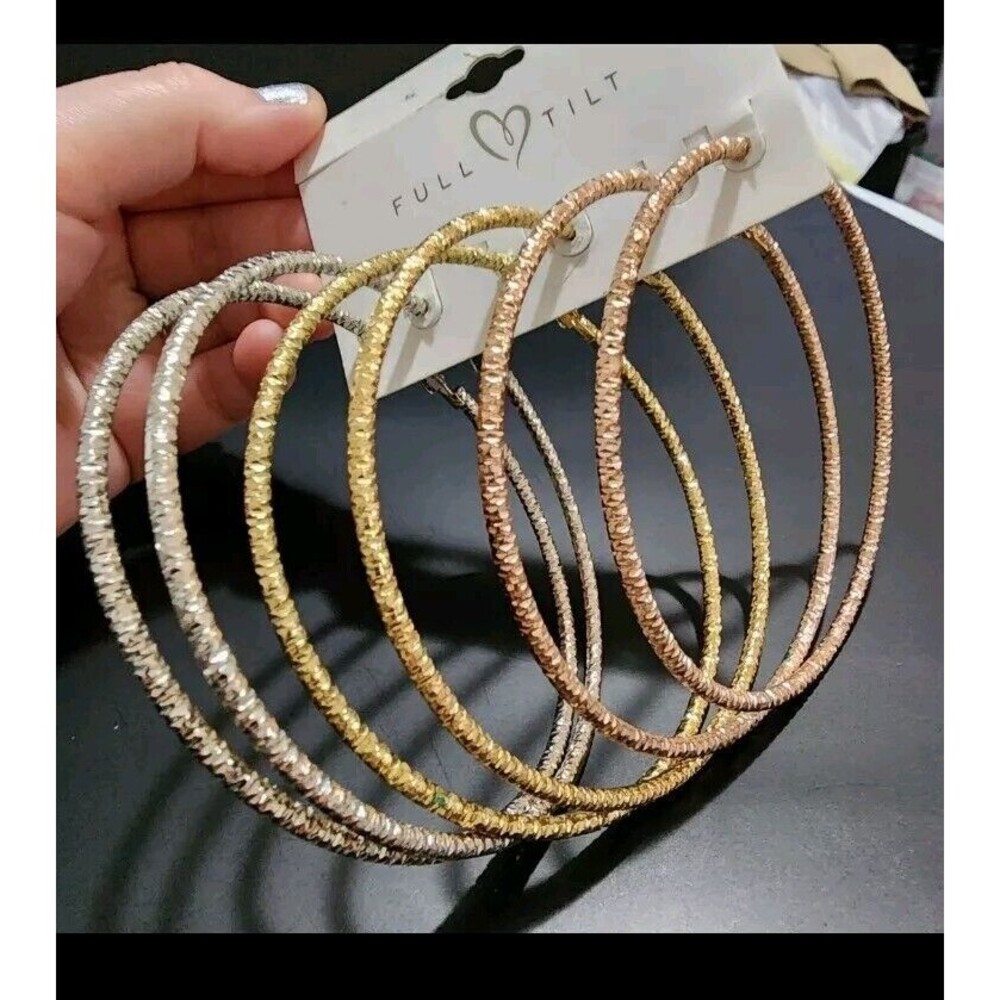 FULL TILT SET OF 3 LARGE HOOP EARRINGS 3 TONES GOLD BRONZE SILVER FESTIVE PARTY